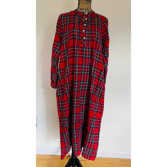 L.L. Bean Scotch Plaid Cotton Flannel Cozy Red Classic Pockets Nightgown Small - Picture 3 of 14